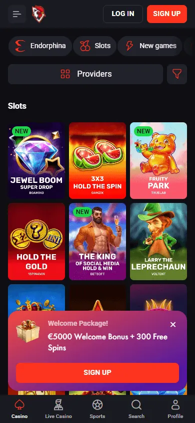 Rooster Bet Casino games interface on mobile
