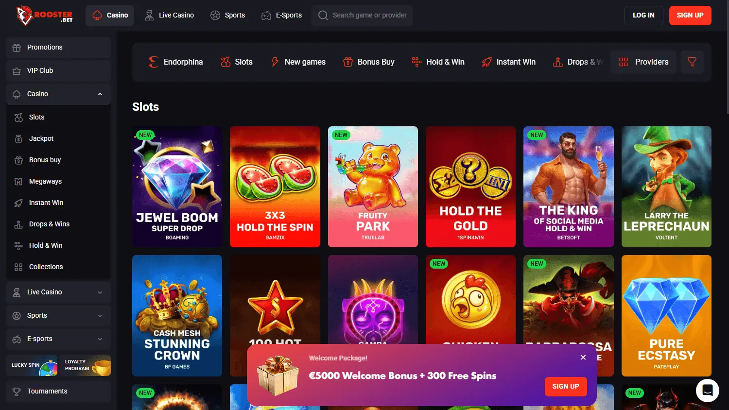 Rooster Bet Casino games interface on desktop