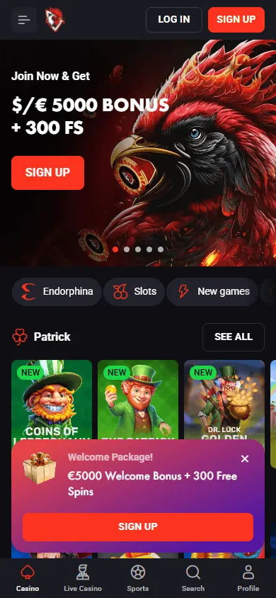 Rooster Bet Casino home interface on mobile