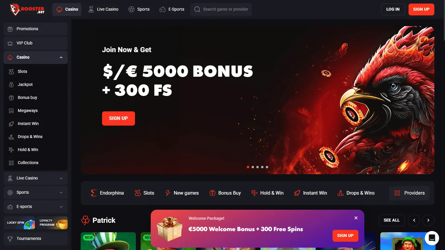 Rooster Bet Casino home interface on desktop