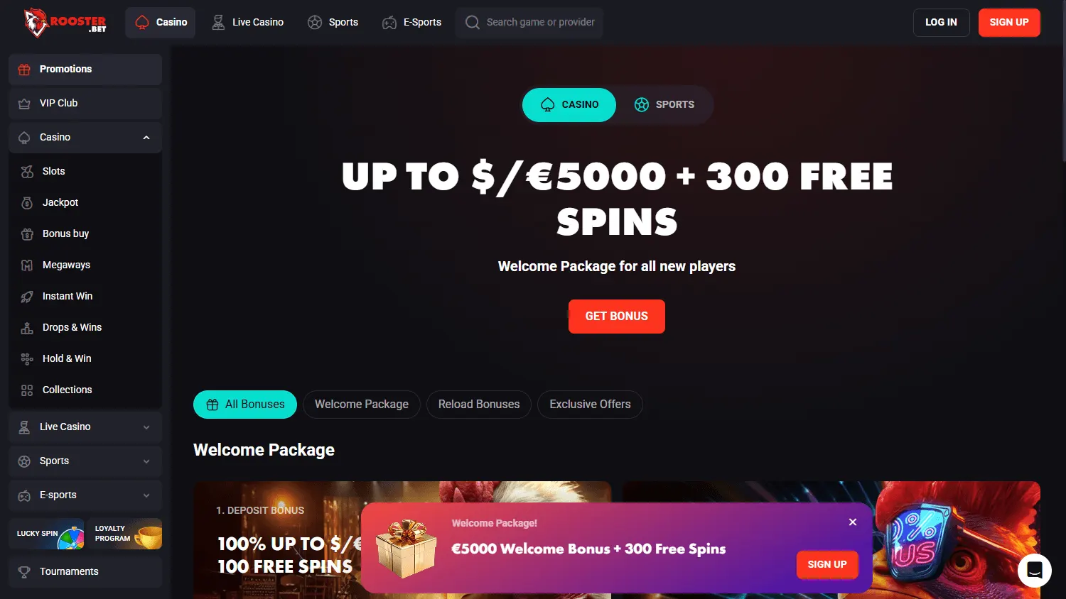 Rooster Bet Casino promotions interface on desktop